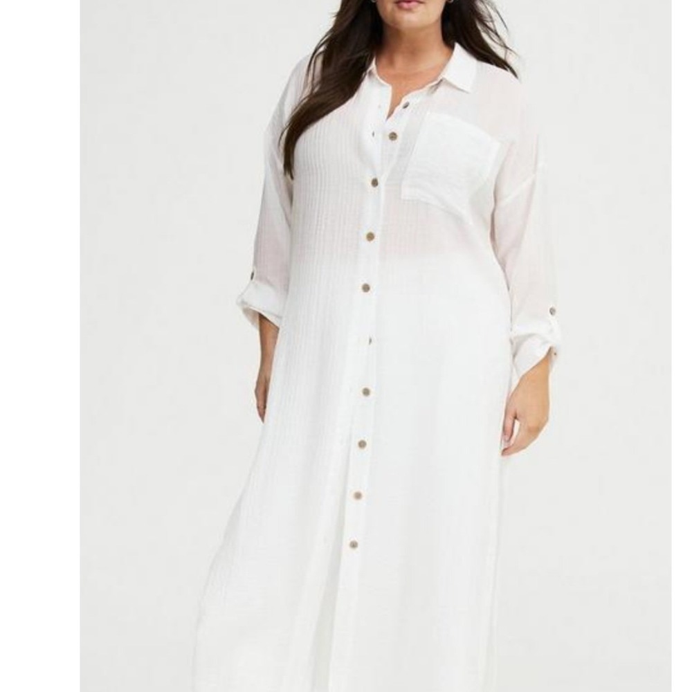 Torrid Whisper White cream Textured Button Up Shirt Long Kimono Duster  2X